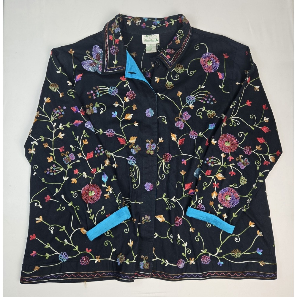 Womens Quacker Factory shirt sz 3X jacket button up beaded butterfly embroidered